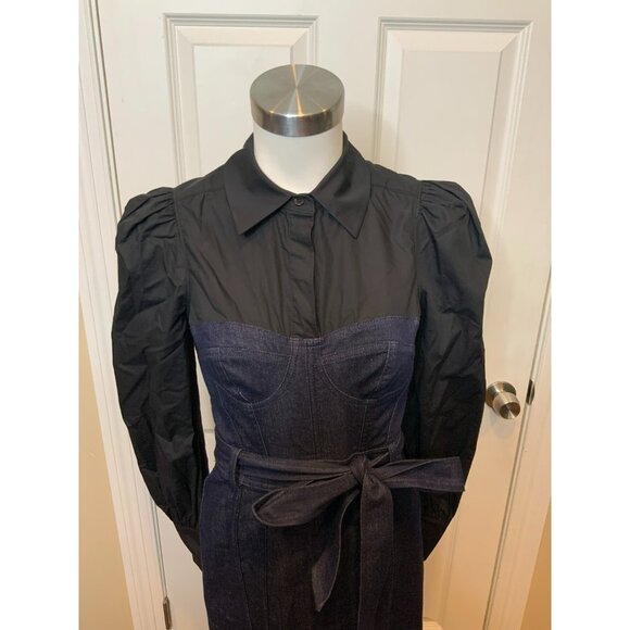 Marchesa Rosa Dark Wash Denim Layered Black Combo Collared Pencil Dress, Size 0 - Picture 3 of 8